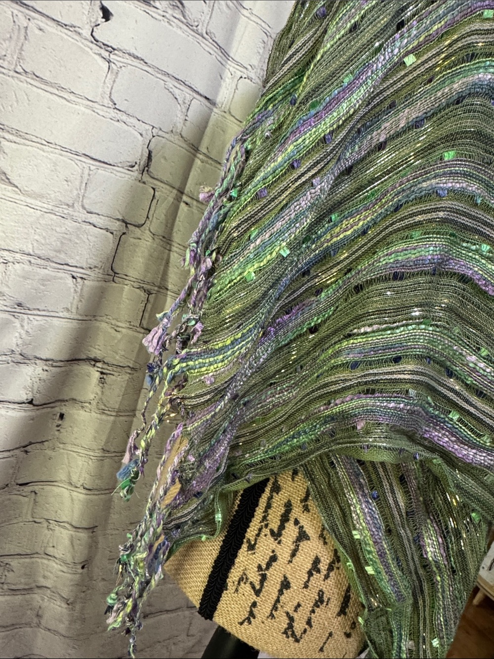 Like new Humble Hilo Bohemian Green & Lavender Striped Fringe Shawl/scarf/wrap - Picture 2 of 8